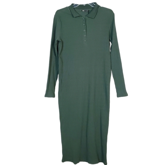ZARA ribbed polo collar long sleeve midi dress hunter green - Picture 2 of 7